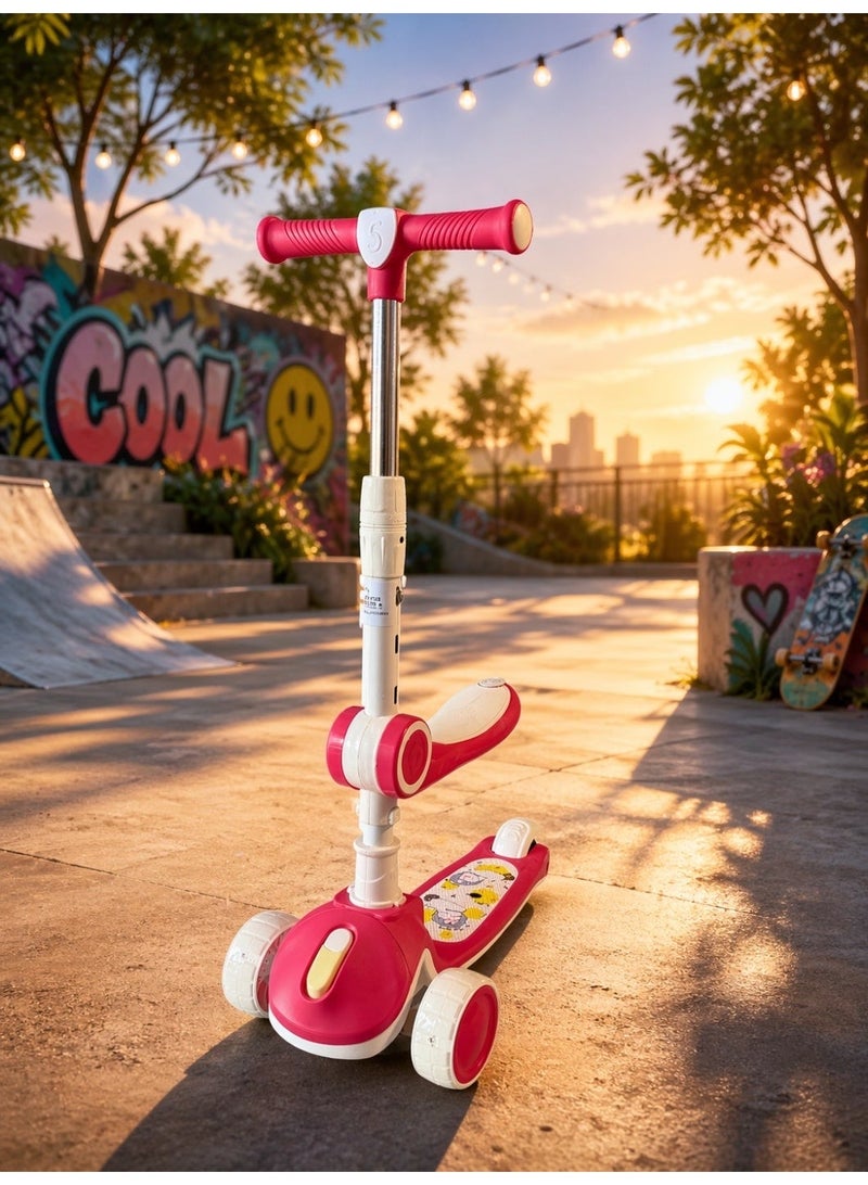 سكوتر أطفال 3 عجلات مع مقعد، أضواء LED وموسيقى، قابل لتعديل الارتفاع، سهل التوجيه، فرامل خلفية، وردي/أبيض، 57 سم - Image 1