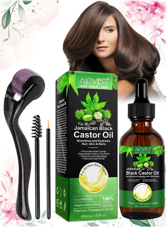 ALIVER - 60ml Black Castor Oil with Roller for Hair Growth 100% Pure Cold Pressed Stimulate Growth for Hair Eyelashes Eyebrows Nails Skin Moisturizer Hair Oil and Body Oil Moisturizing Massage Oil - Image 1