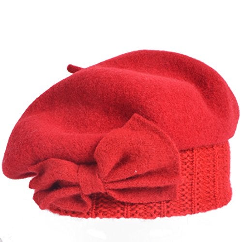 VECRY Lady French Beret 100% Wool Beret Floral Dress Beanie Winter Hat (Bow-Red) - Image 2