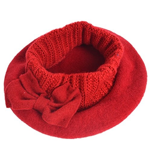 VECRY Lady French Beret 100% Wool Beret Floral Dress Beanie Winter Hat (Bow-Red) - Image 3
