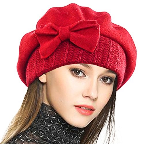 VECRY Lady French Beret 100% Wool Beret Floral Dress Beanie Winter Hat (Bow-Red) - Image 1