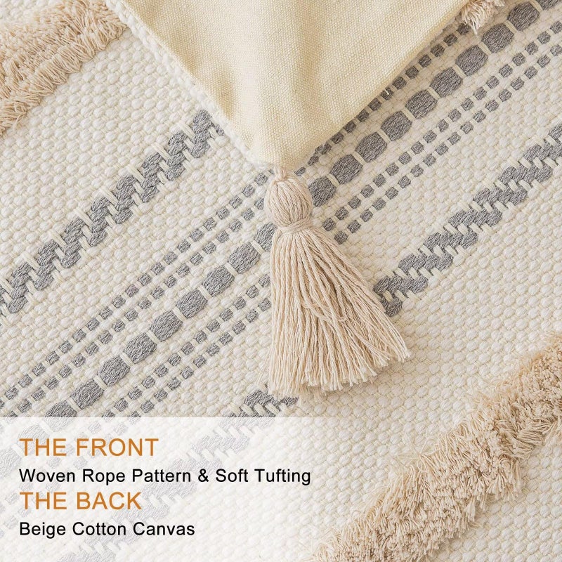 BUIOVBEY Boho Throw Pillow Covers 20x20 Set of 2 Woven Tufted Farmhouse Pillows Cover with Tassels Textured Striped Cushion Case Neutral Pillow Cases Decorative Pillowcase for Sofa, Couch, Bed, Khaki - Image 2