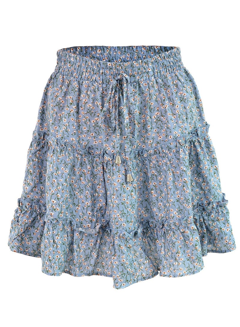Loquat Women's Summer Boho Floral Print Mini Skirt High Waist Drawstring Tiered Skirts Blue  - Image 3