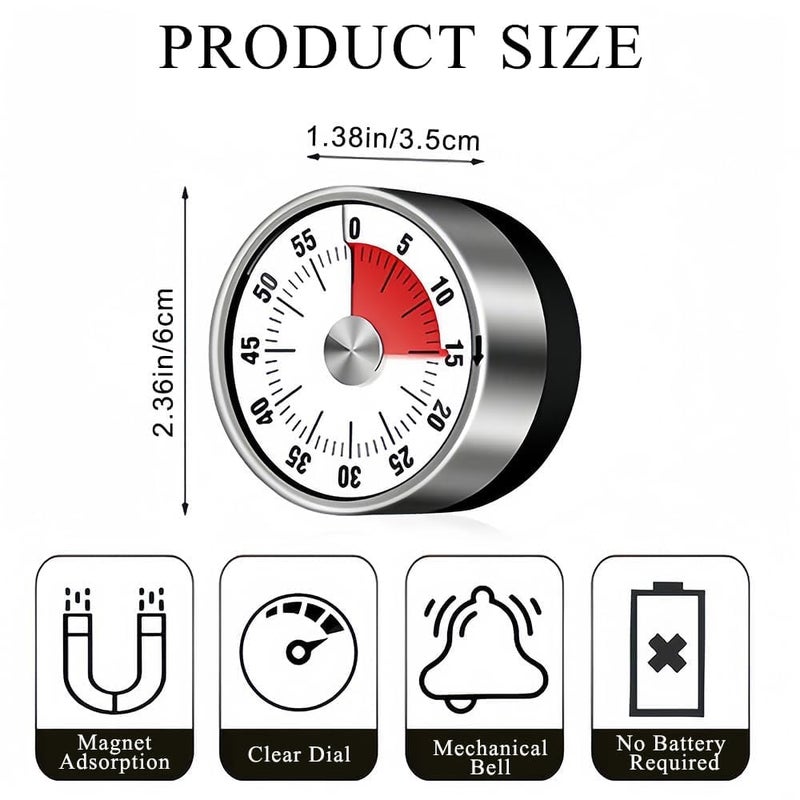 KINJORU Mechanical Kitchen Timer Magnetic Visual 360 Rotary Countdown Timer with Alarm Stainless Steel Timer for Cooking Baking Studying Fitness Teaching WQ6 - Image 3