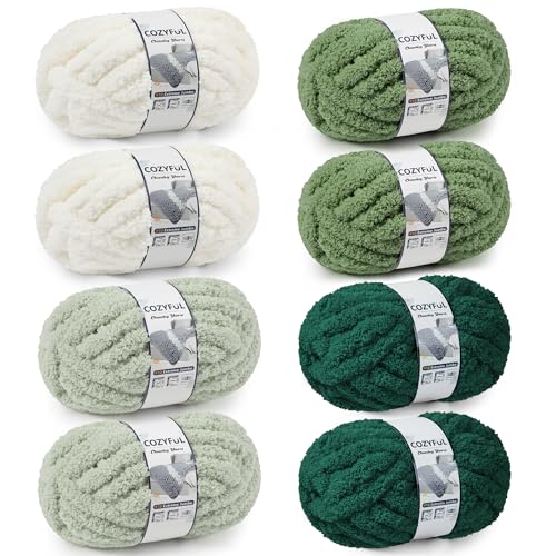 Cozyful Chunky Yarn for Hand Knitting - #10 Chunky Chenille Yarn, Jumbo Big Thick Chunky Yarns for Crocheting, Super Bulky Chunky Knit Blanket Yarns, 8 Skein (22yd, 8oz/Skein), Cream & Multi Green - Image 1