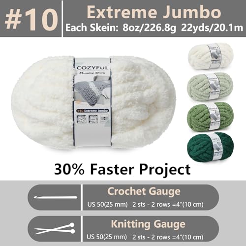 Cozyful Chunky Yarn for Hand Knitting - #10 Chunky Chenille Yarn, Jumbo Big Thick Chunky Yarns for Crocheting, Super Bulky Chunky Knit Blanket Yarns, 8 Skein (22yd, 8oz/Skein), Cream & Multi Green - Image 2