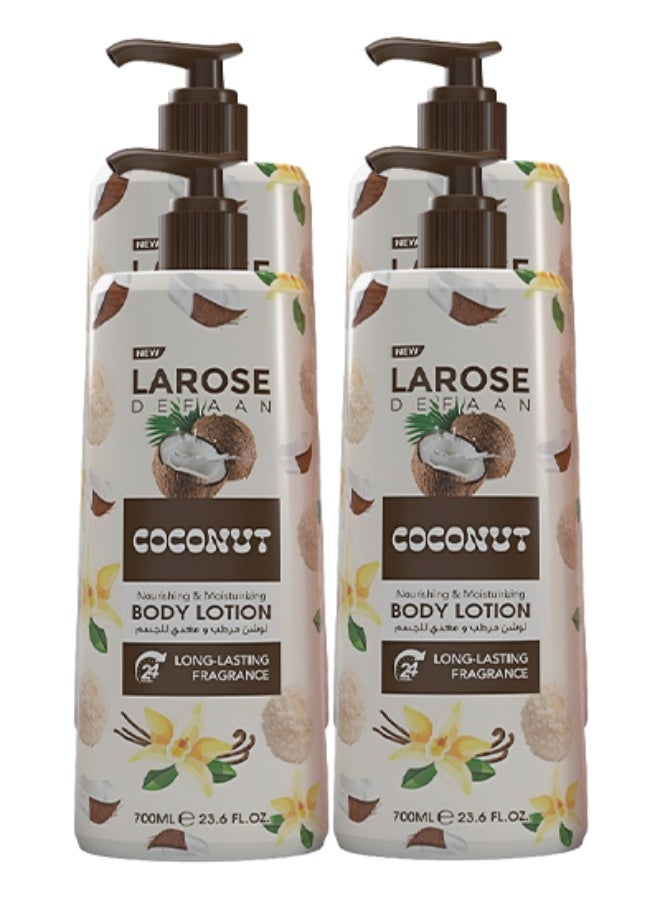 لا روز 4 قطع لوشن للجسم برائحة جوز الهند المغذي والمرطب يدوم طويلاً 700 مل - Image 1