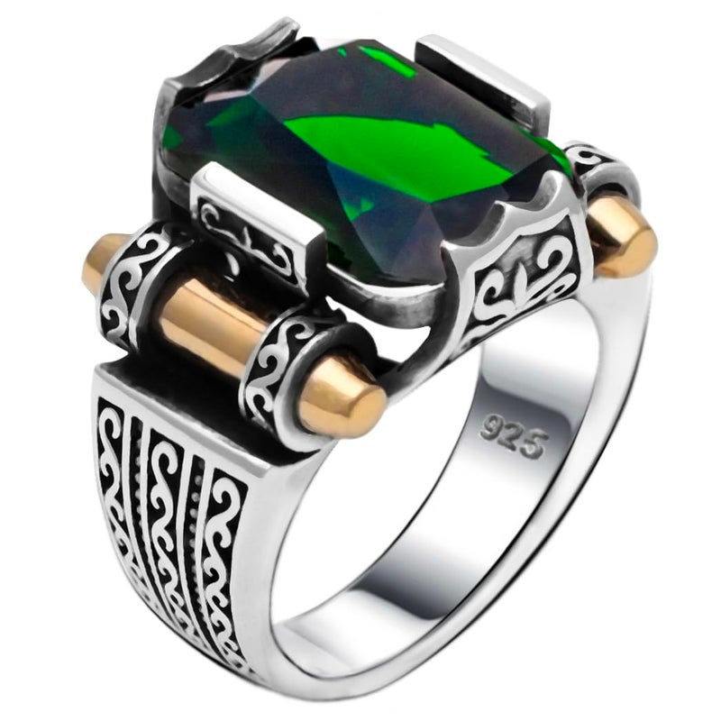 Babylon Silver Genuine Solid 925 Sterling Silver Ring for Men, Accented with Bronze, Faceted Simulated Green Emerald Stone, Vintage Turkish Ottoman Style (Simulated Emerald, 12) - Image 5