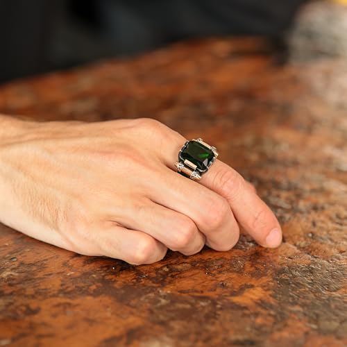 Babylon Silver Genuine Solid 925 Sterling Silver Ring for Men, Accented with Bronze, Faceted Simulated Green Emerald Stone, Vintage Turkish Ottoman Style (Simulated Emerald, 12) - Image 2