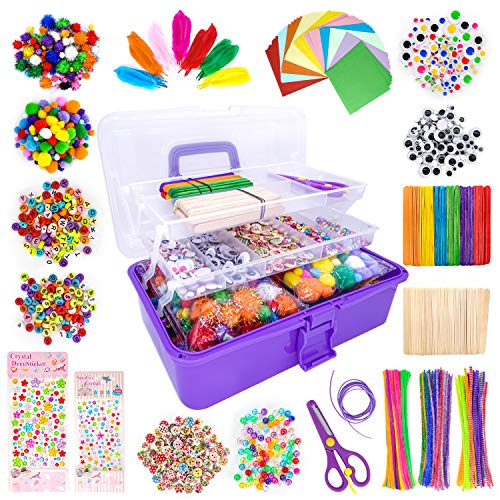 1405 Pcs Art and Craft Supplies for Kids Toddler DIY Craft Art Supply Set Included Pipe Cleaners Pom Poms Feather Folding Storage Box All in One for Craft DIY Art Supplies Purple