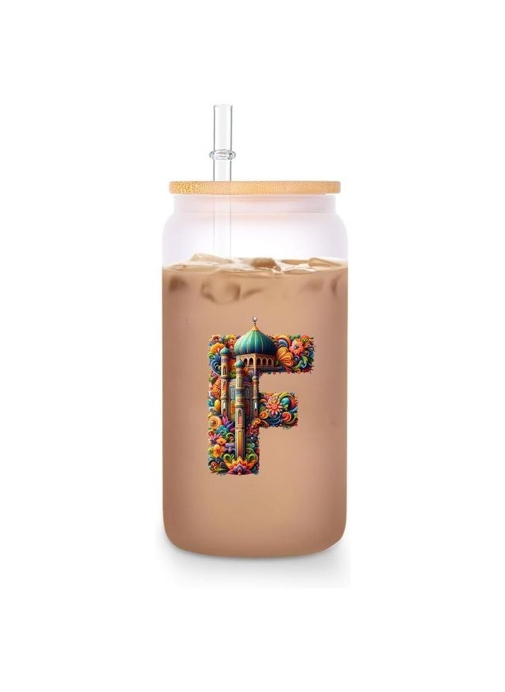 PRINTSHOP4ME Eco-Friendly Reusable Glass Bottle with Straw and Bamboo Lid - 455 ml Initial Monogram Floral Design - Perfect for Iced Coffee, Tea - Durable, and Leak-Proof - Ideal for Office, and Travel  - Image 1