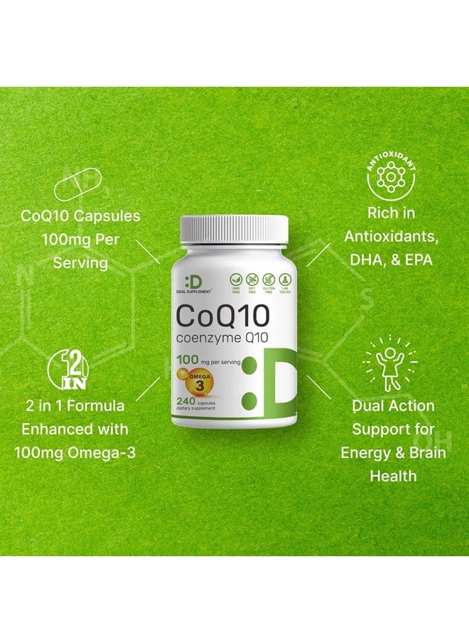 DEAL SUPPLEMENT CoQ10 100mg، 240 كبسولة - مع حمض أوميجا 3 الدهني 100mg - مكملات إنزيم Q10 الحيوي - دعم صحة القلب والطاقة والدماغ بمضادات الأكسدة - غير معدلة وراثيًا، كبسولة واحدة يوميًا  - Image 4