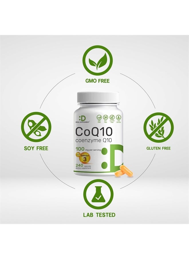 DEAL SUPPLEMENT CoQ10 100mg، 240 كبسولة - مع حمض أوميجا 3 الدهني 100mg - مكملات إنزيم Q10 الحيوي - دعم صحة القلب والطاقة والدماغ بمضادات الأكسدة - غير معدلة وراثيًا، كبسولة واحدة يوميًا  - Image 3