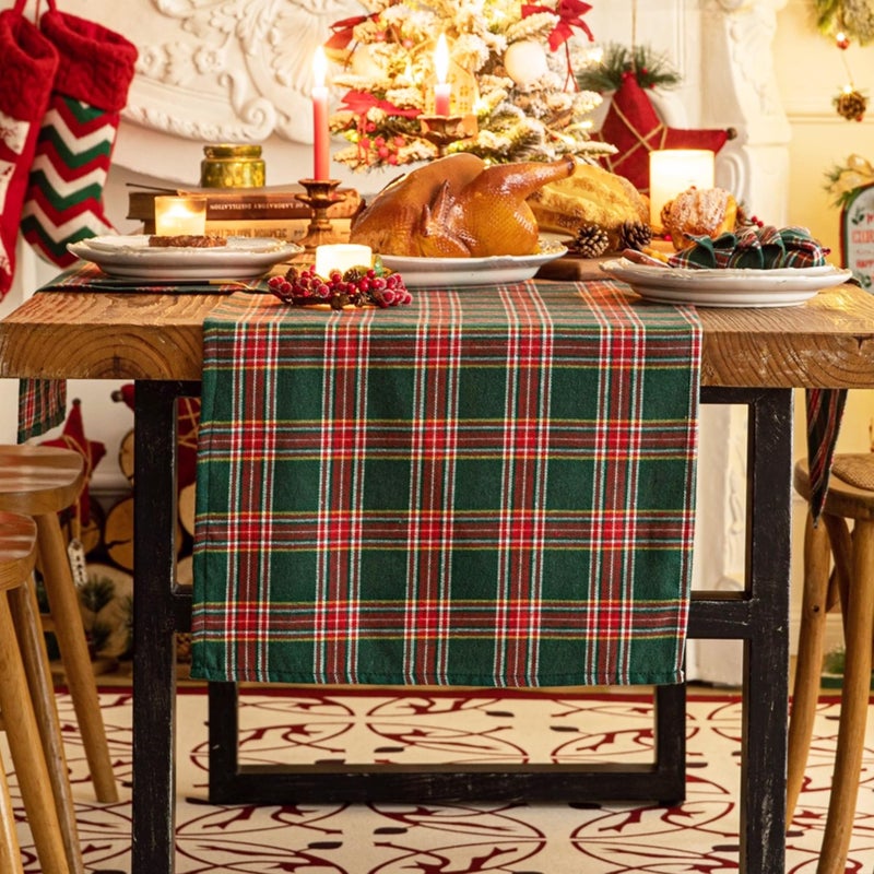 AQOTHES Red Green Plaid Christmas Table Runner, Winter Holiday Table Runners 72 inches Long, Xmas Decorations Indoor Outdoor Farmhouse Home Kitchen Dining Party Decor - Image 1