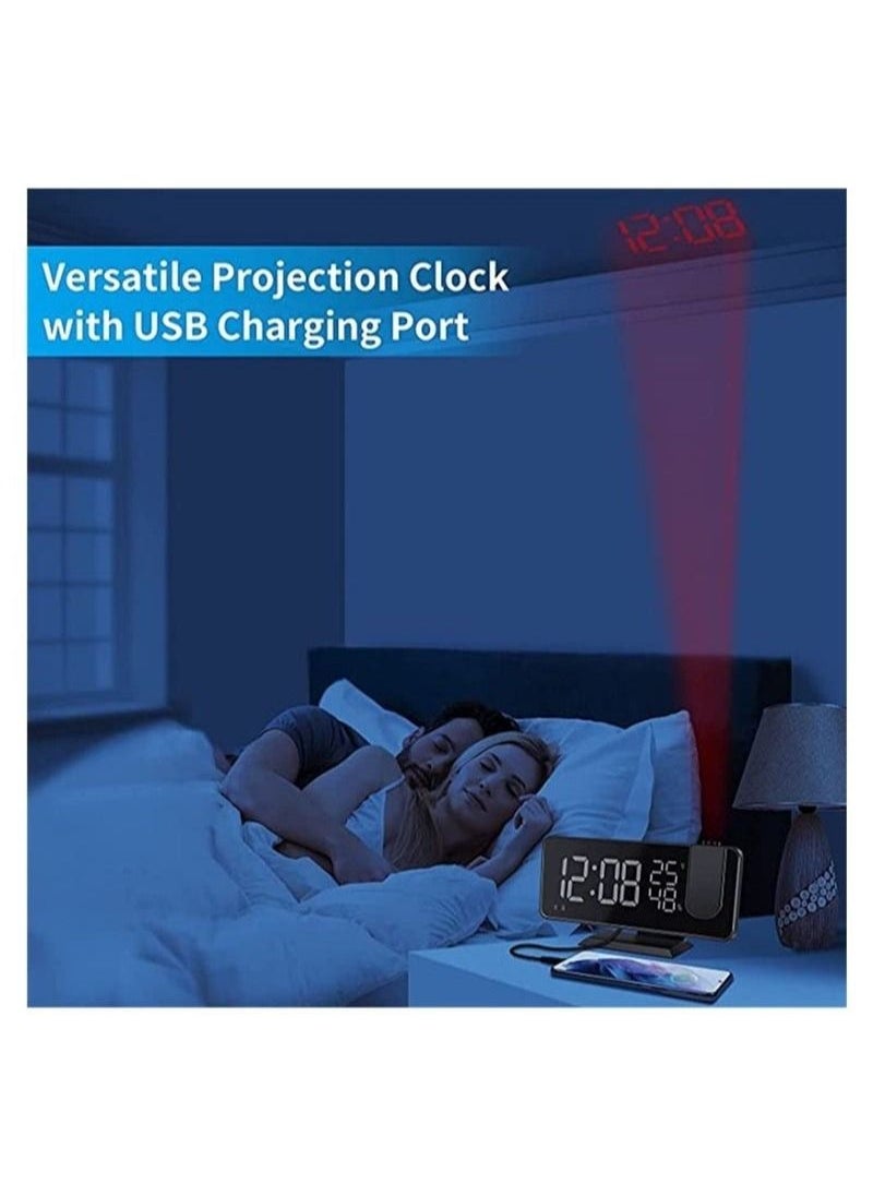 Projector Alarm Clock, Projection Digital Alarm Clock Radio with USB Charger Ports, Dual Alarms, Snooze Model, 4 Dimmer, Large Mirror LED Loud Alarm Clock