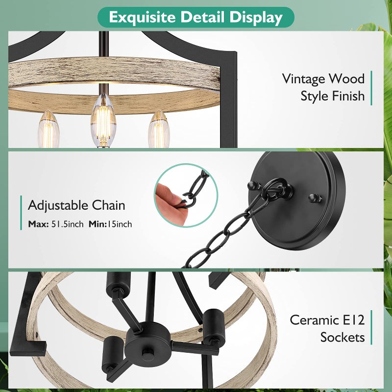 BesLowe 3-Light Rustic Farmhouse Pendant Hanging Light Adjustable Height Max 68in, Convertible Vintage Semi Flush Mount Ceiling Light Fixture Black Metal Chandelier White Birch Wood Finish Kitchen Dining Room - Image 2