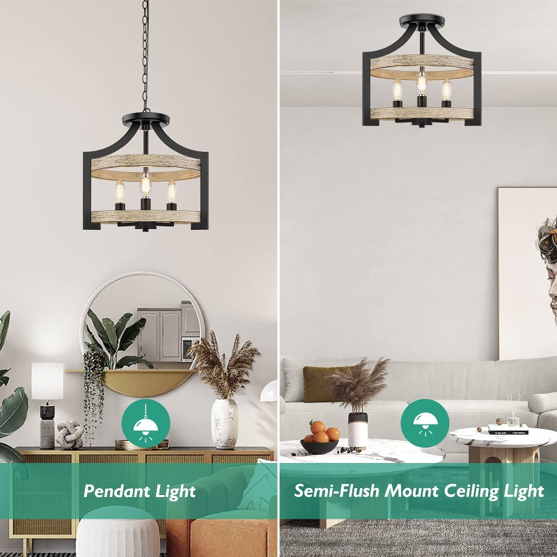 BesLowe 3-Light Rustic Farmhouse Pendant Hanging Light Adjustable Height Max 68in, Convertible Vintage Semi Flush Mount Ceiling Light Fixture Black Metal Chandelier White Birch Wood Finish Kitchen Dining Room - Image 3
