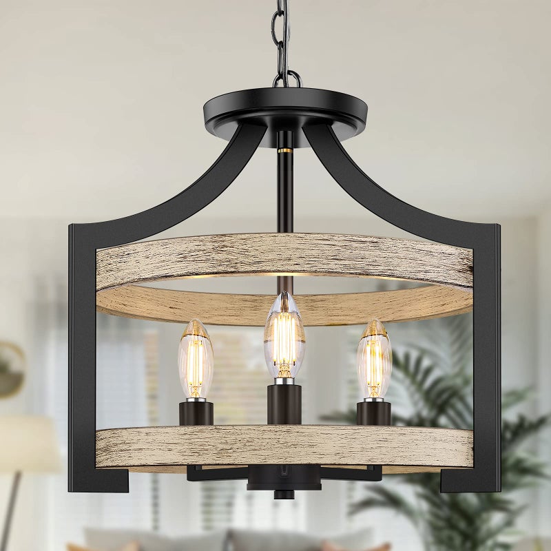 BesLowe 3-Light Rustic Farmhouse Pendant Hanging Light Adjustable Height Max 68in, Convertible Vintage Semi Flush Mount Ceiling Light Fixture Black Metal Chandelier White Birch Wood Finish Kitchen Dining Room - Image 1