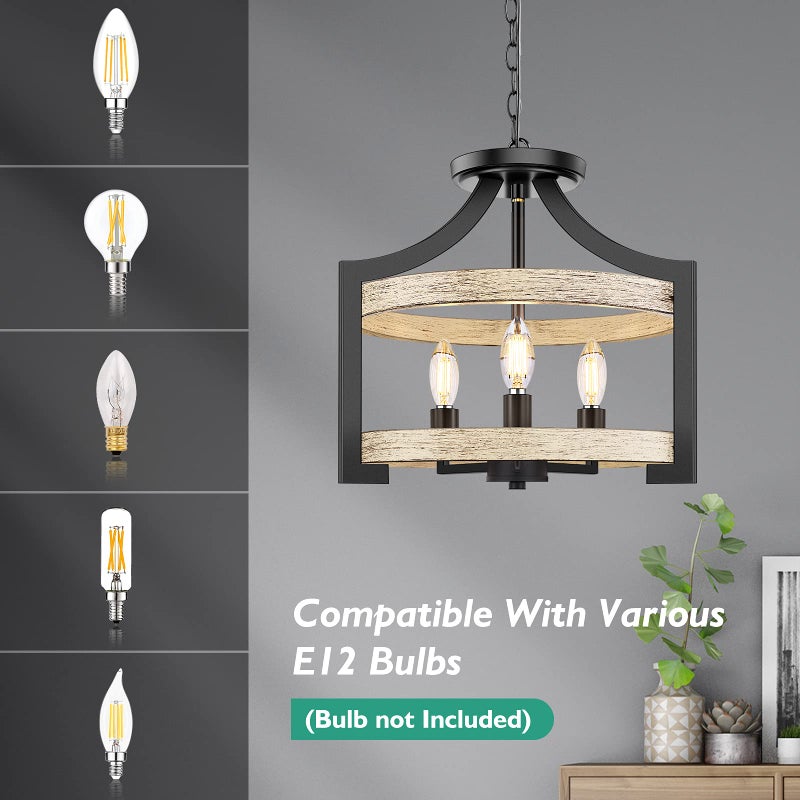 BesLowe 3-Light Rustic Farmhouse Pendant Hanging Light Adjustable Height Max 68in, Convertible Vintage Semi Flush Mount Ceiling Light Fixture Black Metal Chandelier White Birch Wood Finish Kitchen Dining Room - Image 5