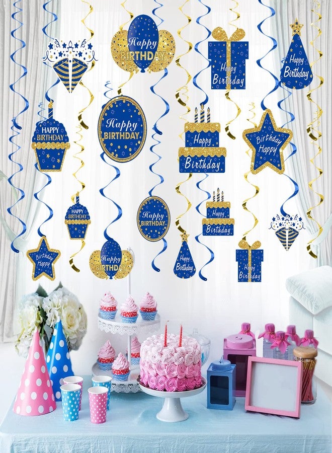 Turypaty Blue Gold Birthday Hanging Swirls Decorations for Men Women, Happy Birthday Foil Swirls Party Supplies, 10th 16th 21st 30th 40th 50th 60th Bday Ceiling Hanging Decor - Image 4