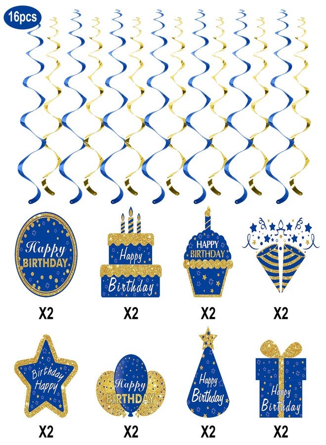 Turypaty Blue Gold Birthday Hanging Swirls Decorations for Men Women, Happy Birthday Foil Swirls Party Supplies, 10th 16th 21st 30th 40th 50th 60th Bday Ceiling Hanging Decor - Image 2