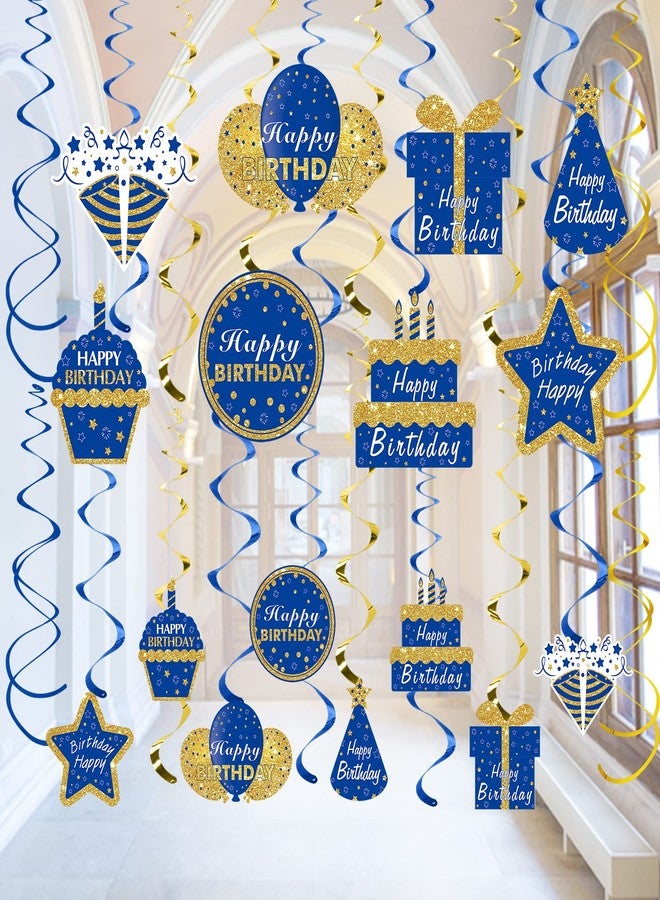 Turypaty Blue Gold Birthday Hanging Swirls Decorations for Men Women, Happy Birthday Foil Swirls Party Supplies, 10th 16th 21st 30th 40th 50th 60th Bday Ceiling Hanging Decor - Image 1