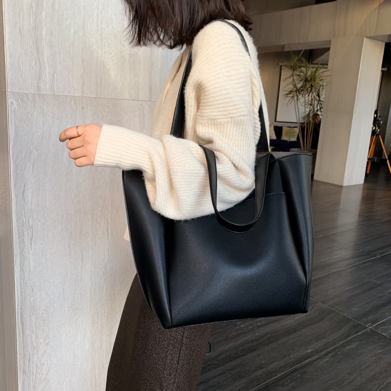 Bag Women'S Simple Retro Solid Color Tote Bag Fashionable Textive Casual Shoulder Bag Stylish Portable Underarm Bag - Image 3