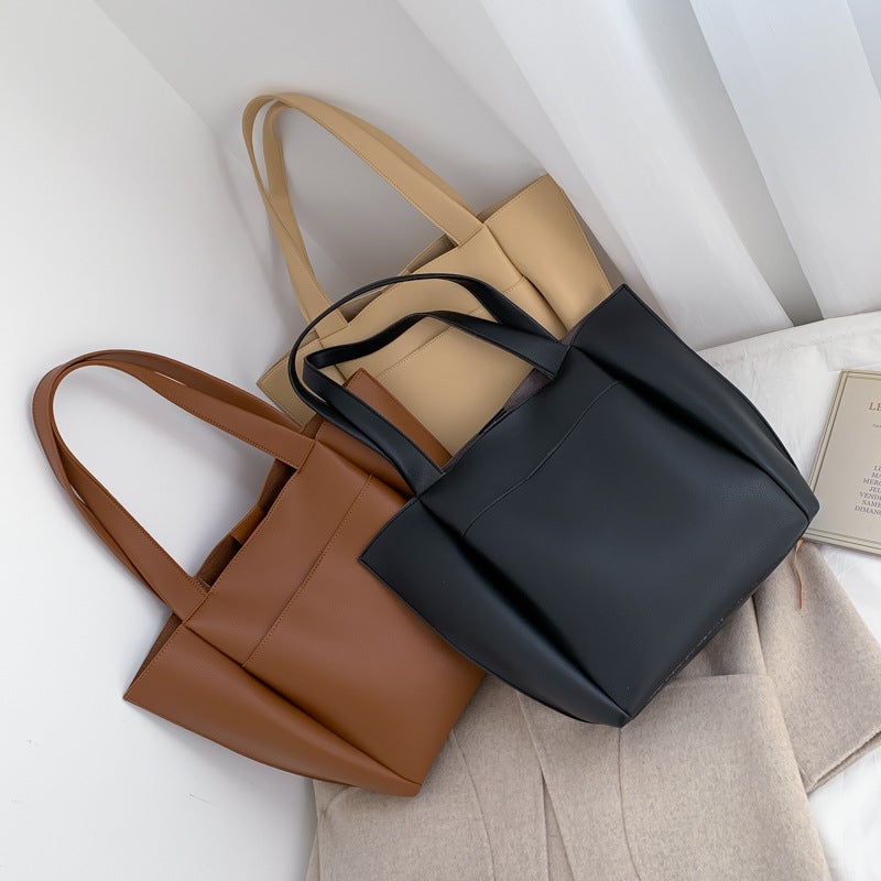 Bag Women'S Simple Retro Solid Color Tote Bag Fashionable Textive Casual Shoulder Bag Stylish Portable Underarm Bag - Image 2