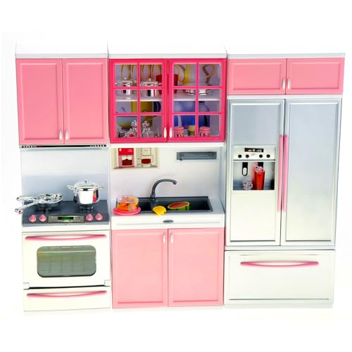 PowerTRC Doll Kitchen Play Set, Mini Modern Toy Pink Kitchen Pretend Play Furnitures Toy Set Accessories Set with Realistic Light & Sound for Kids Toddlers Girls (3-in-1) - Image 1