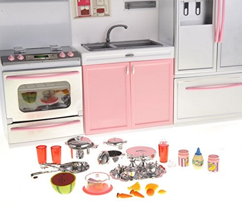 PowerTRC Doll Kitchen Play Set, Mini Modern Toy Pink Kitchen Pretend Play Furnitures Toy Set Accessories Set with Realistic Light & Sound for Kids Toddlers Girls (3-in-1) - Image 5