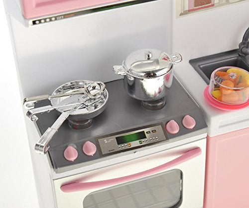 PowerTRC Doll Kitchen Play Set, Mini Modern Toy Pink Kitchen Pretend Play Furnitures Toy Set Accessories Set with Realistic Light & Sound for Kids Toddlers Girls (3-in-1) - Image 2