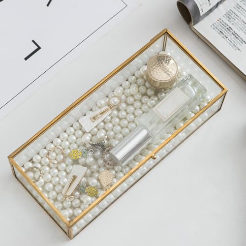 Kendiis Glass Jewelry Box, Vintage Rectangle Gold Keepsake Box Organizer Box Vanity Lidded Box Home Decor Accent Decorative Box for Storage Trinket Rings Bracelet - Image 3