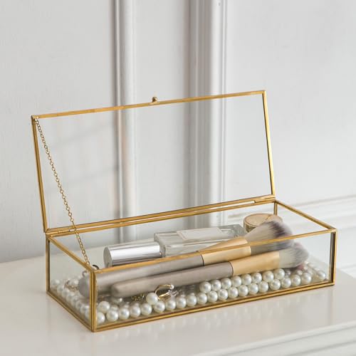 Kendiis Glass Jewelry Box, Vintage Rectangle Gold Keepsake Box Organizer Box Vanity Lidded Box Home Decor Accent Decorative Box for Storage Trinket Rings Bracelet - Image 4