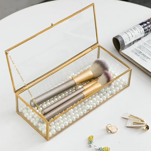 Kendiis Glass Jewelry Box, Vintage Rectangle Gold Keepsake Box Organizer Box Vanity Lidded Box Home Decor Accent Decorative Box for Storage Trinket Rings Bracelet - Image 2
