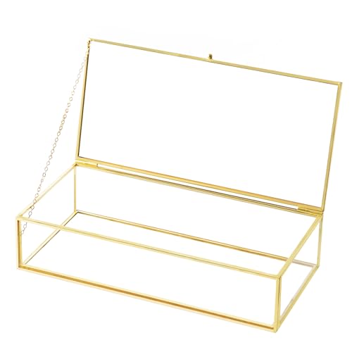 Kendiis Glass Jewelry Box, Vintage Rectangle Gold Keepsake Box Organizer Box Vanity Lidded Box Home Decor Accent Decorative Box for Storage Trinket Rings Bracelet - Image 1
