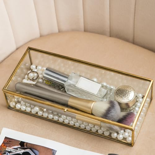 Kendiis Glass Jewelry Box, Vintage Rectangle Gold Keepsake Box Organizer Box Vanity Lidded Box Home Decor Accent Decorative Box for Storage Trinket Rings Bracelet - Image 5