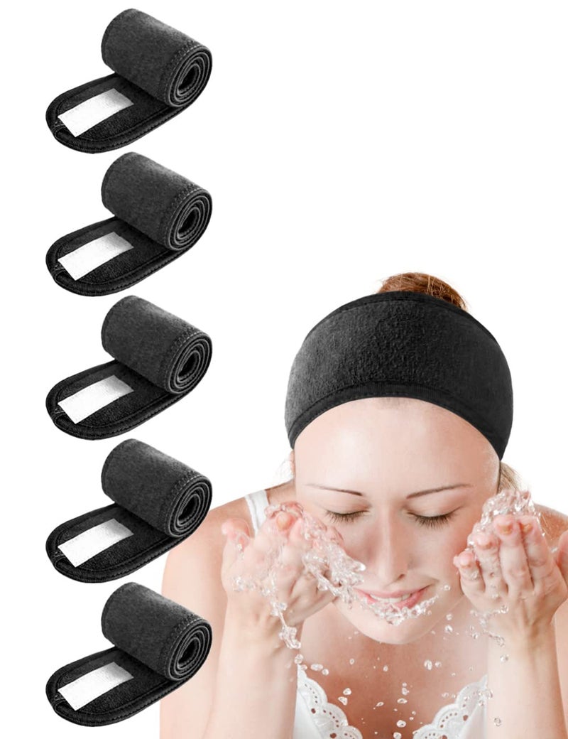 EUICAE Spa Headband 5-Pack Black Sweat Head Towel Wraps - Non-slip Stretchable, Washable for Makeup, Face Wash, Facial Treatment, Sports - Image 1