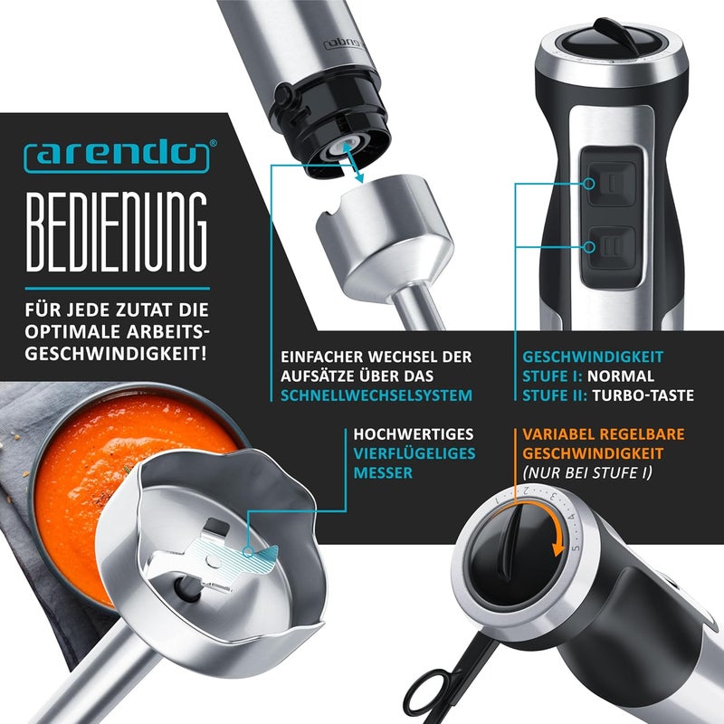 ARENDO - Hand blender 1000 Watt stainless steel set - knife with four wings - Hand blender - Stepless speed control - Turbo button - Removable mixing base - Image 3