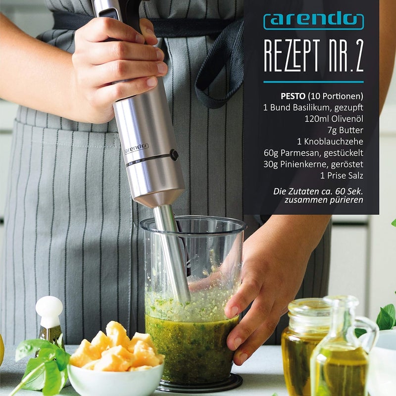 ARENDO - Hand blender 1000 Watt stainless steel set - knife with four wings - Hand blender - Stepless speed control - Turbo button - Removable mixing base - Image 5