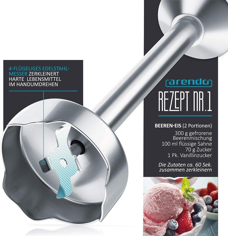 ARENDO - Hand blender 1000 Watt stainless steel set - knife with four wings - Hand blender - Stepless speed control - Turbo button - Removable mixing base - Image 4