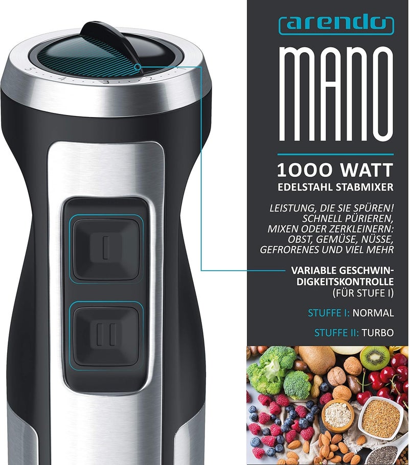 ARENDO - Hand blender 1000 Watt stainless steel set - knife with four wings - Hand blender - Stepless speed control - Turbo button - Removable mixing base - Image 2