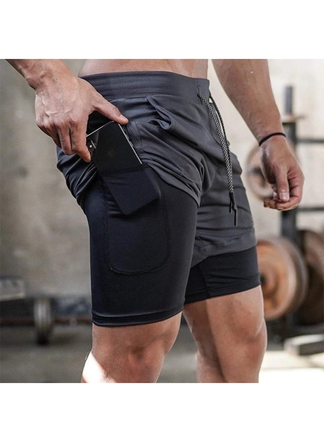 سروال رياضية قصيرة للرجال مع بطانة الألياف السحب سروال رياضية قصيرة للرجال 2 طبقة سروال رياضية فضفاضة مع 4 جيوب سروال رياضية فعالة للرجال XXL - Image 3