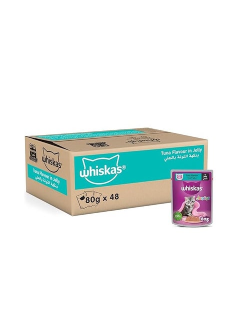 Whiskas Junior wet cat food, tuna in jelly, wet cat food for kittens, pack of 48 x 80g, for cats aged 2 to 12 months.