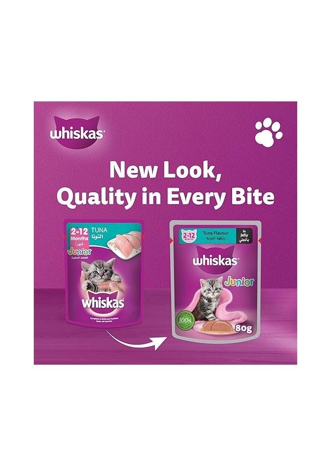 Whiskas Junior wet cat food, tuna in jelly, wet cat food for kittens, pack of 48 x 80g, for cats aged 2 to 12 months.