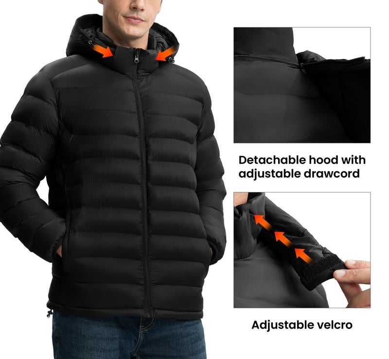 Gopune Men's Lightweight Puffer Jacket Detachable Hooded Water Resistant Puffy Winter Down Jackets for Snow Ski Travel,Black L - Image 5