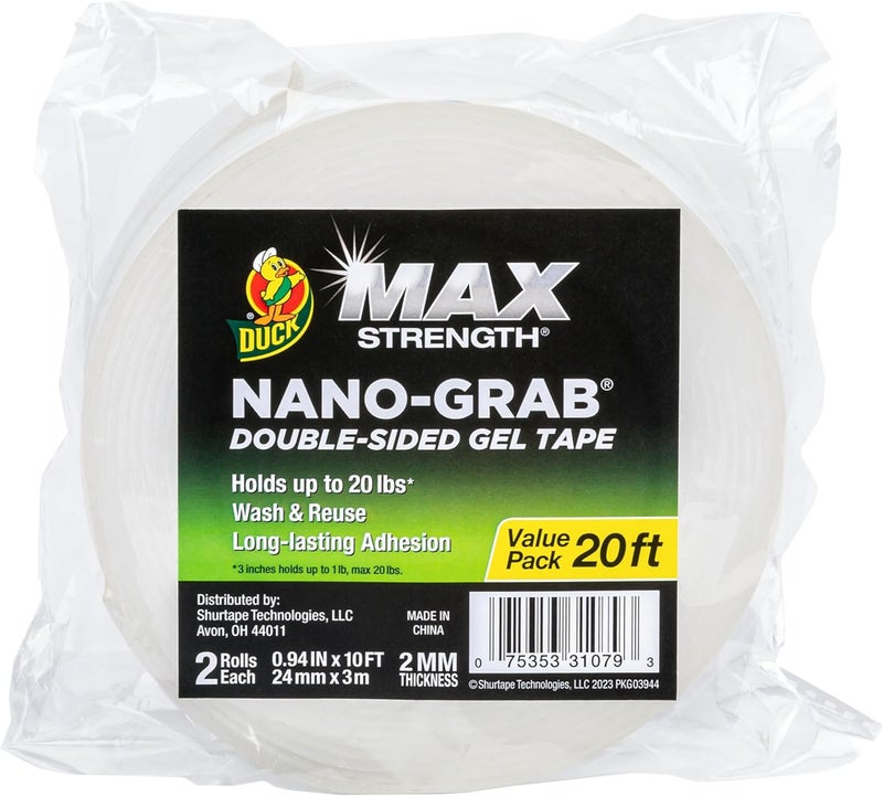 Duck Max Strength Double-Sided Gel Tape with Nano-Grab Technology, Heavy Duty, Multi-Purpose & Removable Adhesive, 0.94 in. x 10 ft, Clear, 2 Rolls - Image 1