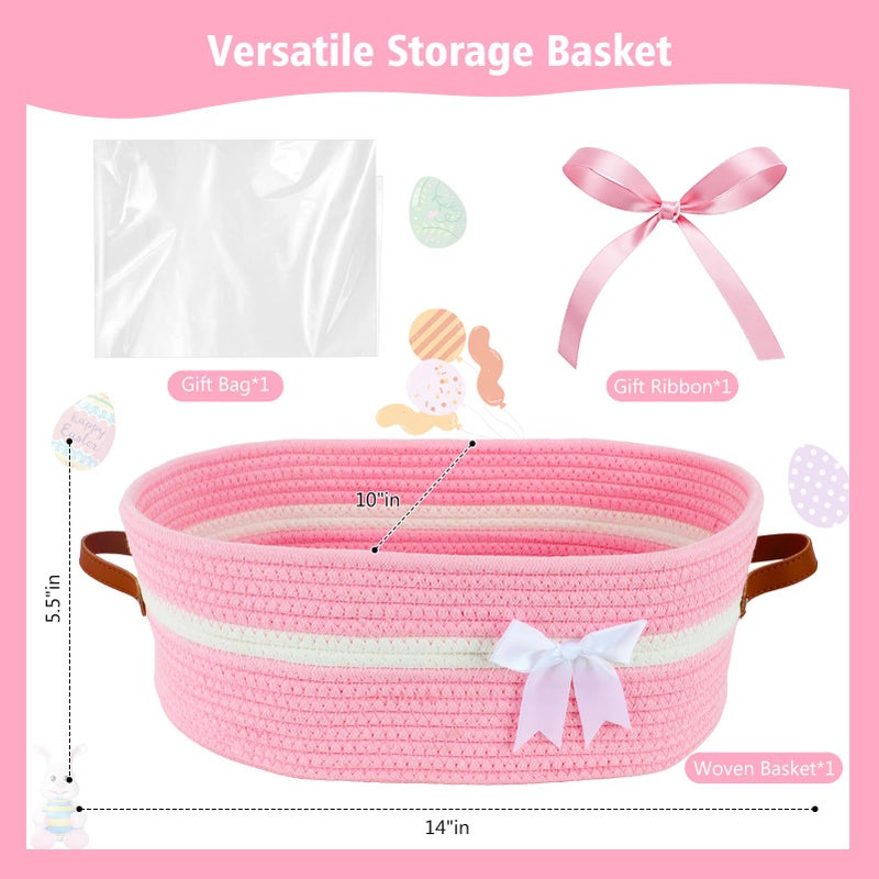 echosari Easter Empty Gift Basket with Handles, 14"x10"x5.5" Woven Rope Storage Basket with Bow, Ribbons and Gift Bag for DIY, Birthday Valentines Day Gift Baby Pet Shower Storage (Pink) - Image 4
