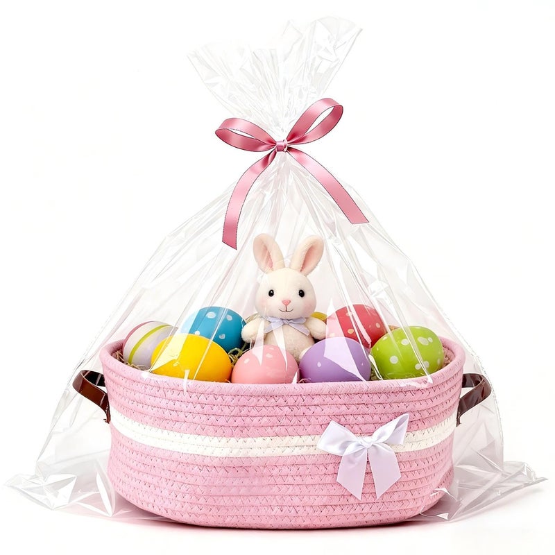 echosari Easter Empty Gift Basket with Handles, 14"x10"x5.5" Woven Rope Storage Basket with Bow, Ribbons and Gift Bag for DIY, Birthday Valentines Day Gift Baby Pet Shower Storage (Pink) - Image 1