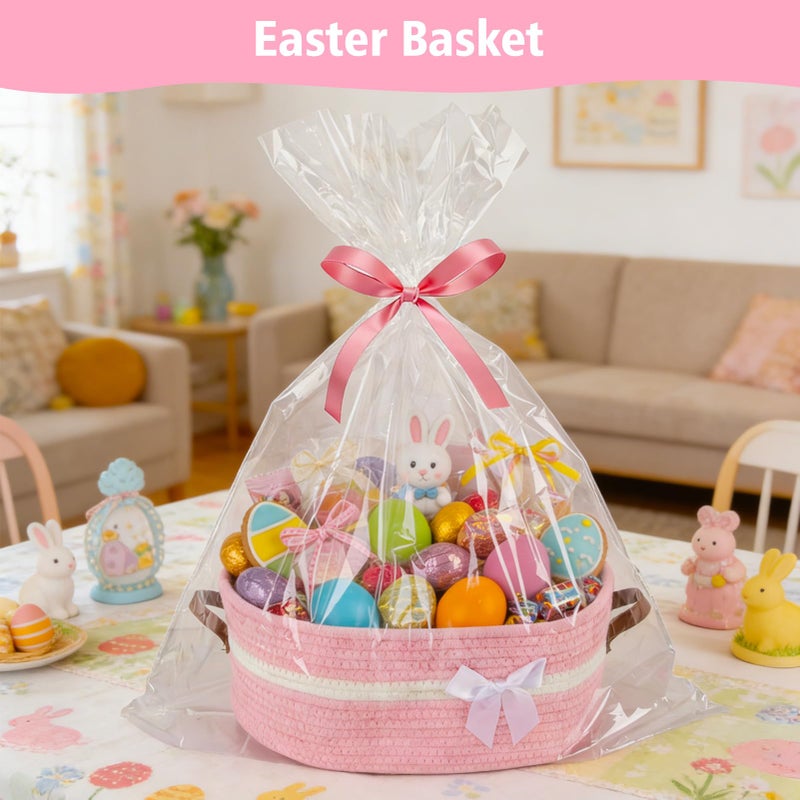 echosari Easter Empty Gift Basket with Handles, 14"x10"x5.5" Woven Rope Storage Basket with Bow, Ribbons and Gift Bag for DIY, Birthday Valentines Day Gift Baby Pet Shower Storage (Pink) - Image 2