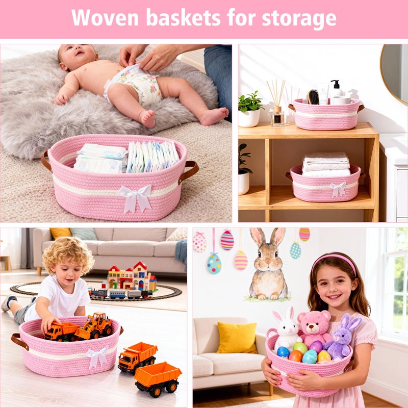 echosari Easter Empty Gift Basket with Handles, 14"x10"x5.5" Woven Rope Storage Basket with Bow, Ribbons and Gift Bag for DIY, Birthday Valentines Day Gift Baby Pet Shower Storage (Pink) - Image 5